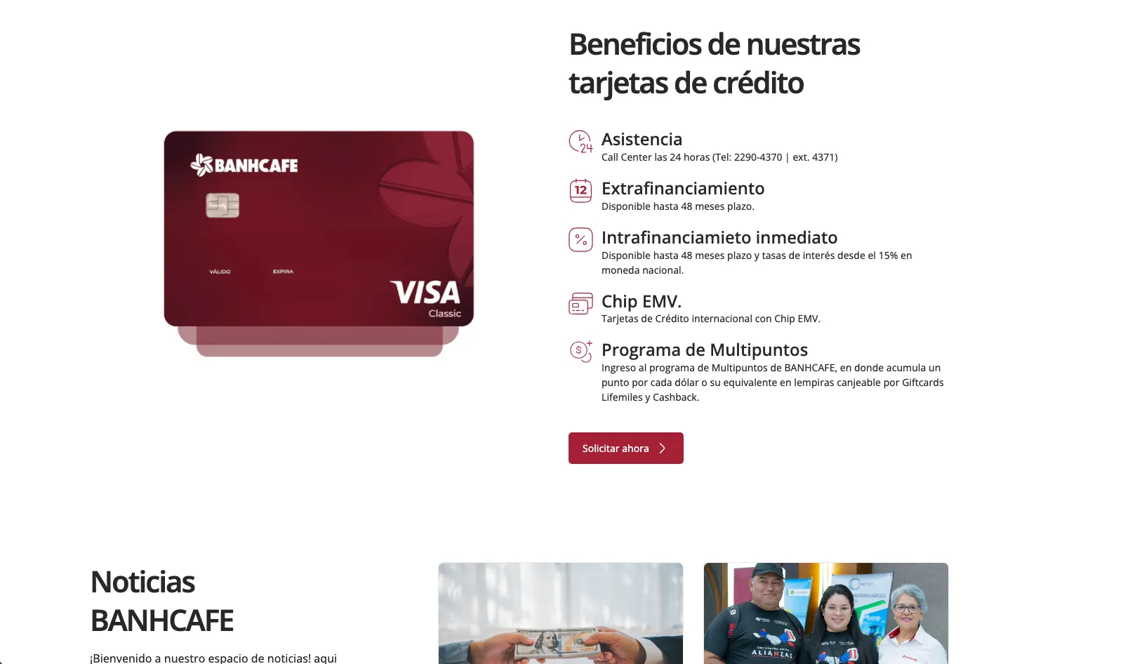 Sección de productos del sitio institucional de BANHCAFE